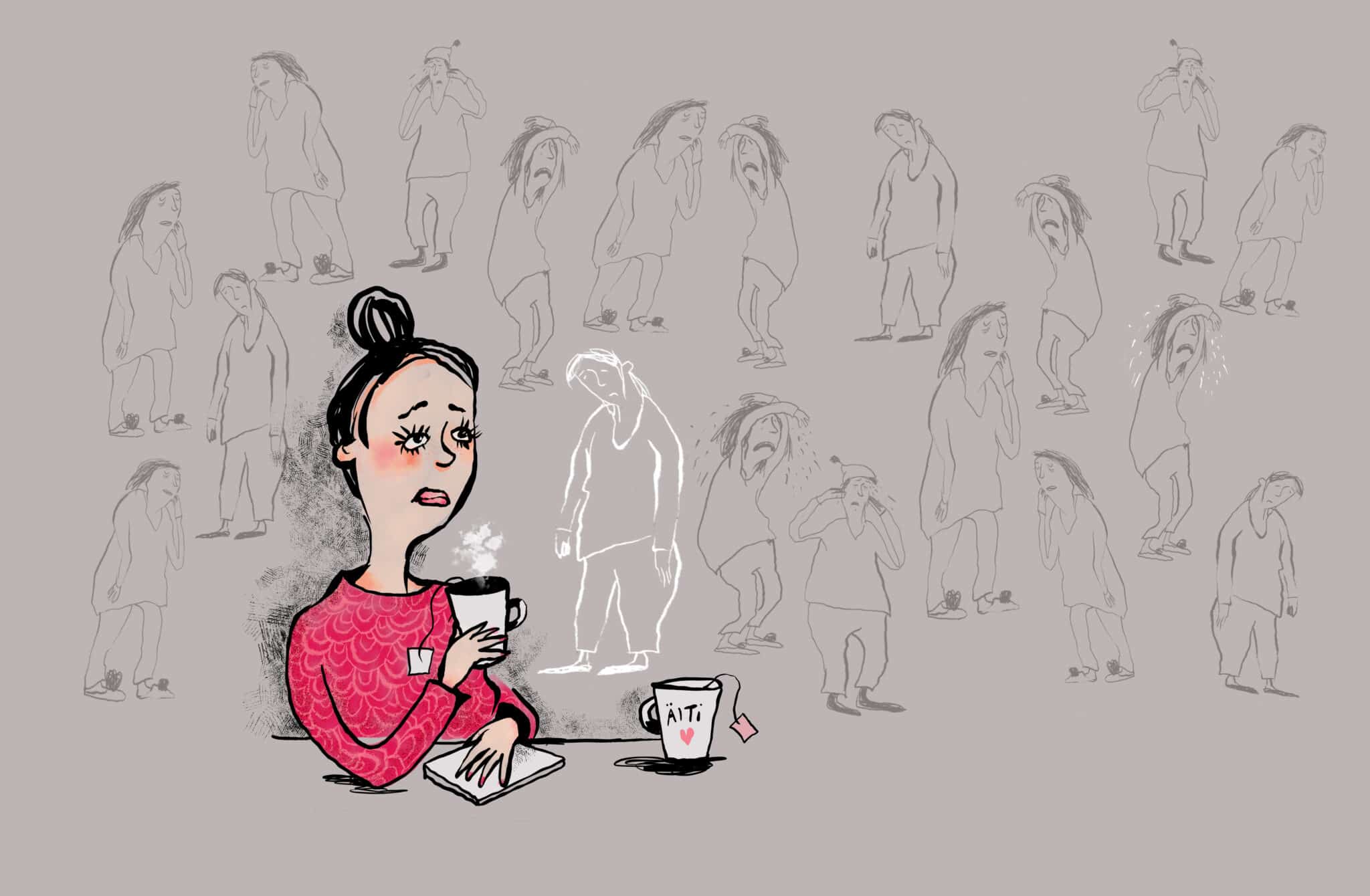 Piirroskuvassa etualalla teetä juova naishahmo, jonka mukissa lukee "äiti". Taustalla haaleammalla piirrettyjä ihmishahmoja: perhe, lapset ja läheiset.