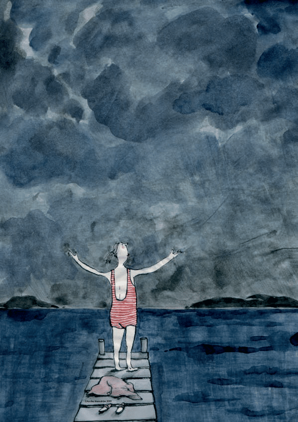 Piiroskuva, jossa synkkää ja myrskyistä järvimaisemaa seisoo laiturilla katselemassa naishahmo punaisessa uimapuvussa, kädet levitettynä sivuille.