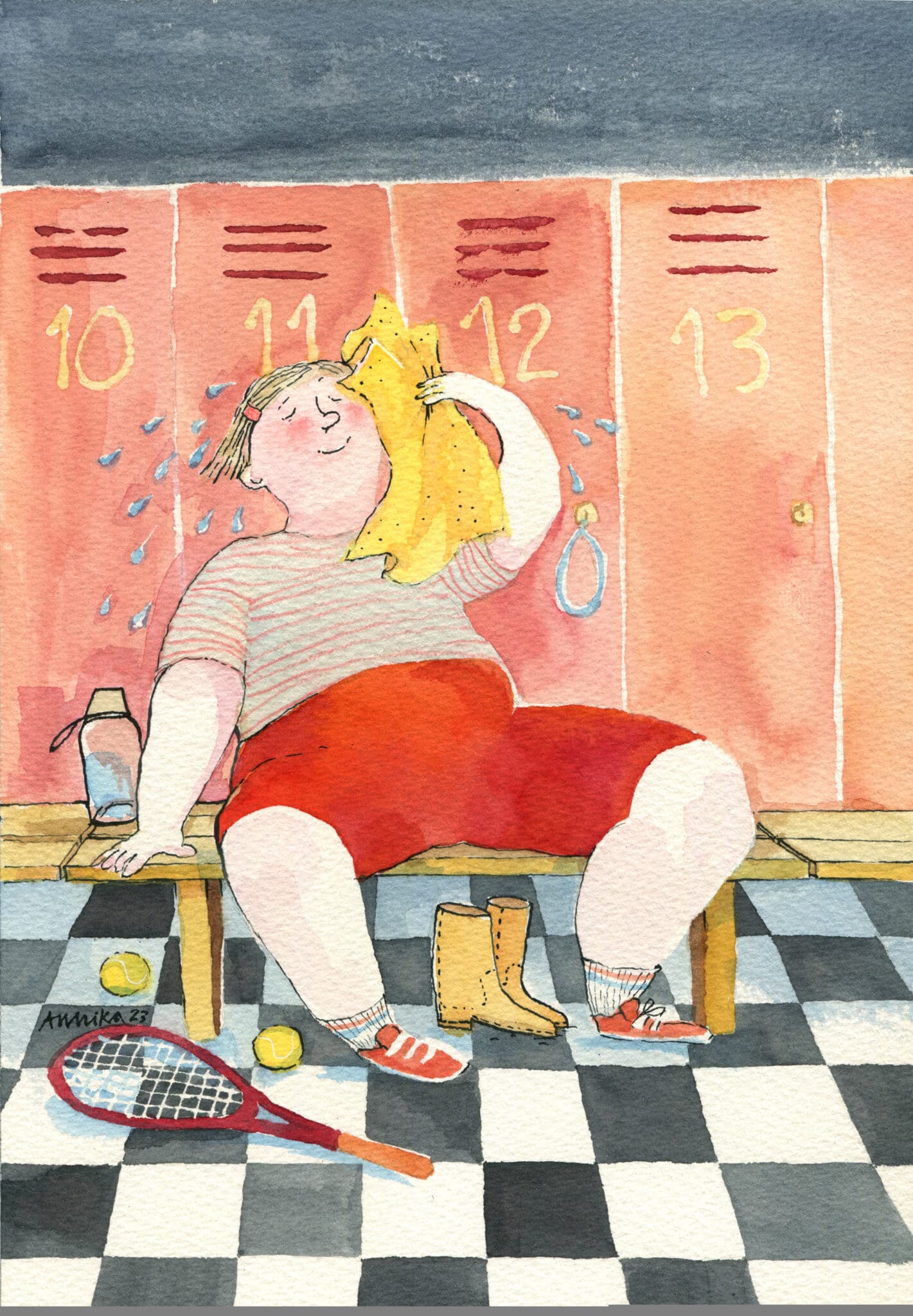 Vesivärein maalatussa piirroksessa pukuhuoneen kaappien edessä istuu iloinen, hikeä pyyhkeeseen pyyhkivä naishahmo, jonka jaloissa on tennismaila.