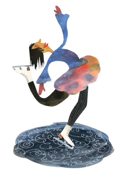 Piirroskuvassa vesivärein maalattu taitoluistelijanainen tekee taitoluisteluliikettä.