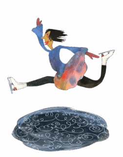 Piirroskuvassa vesivärein maalattu taitoluistelijanainen tekee hyppyä luistimillaan.