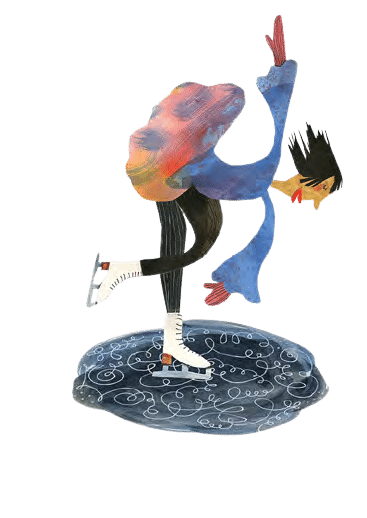 Piirroskuvassa vesivärein maalattu taitoluistelijanainen tekee taivutuspiruettia.