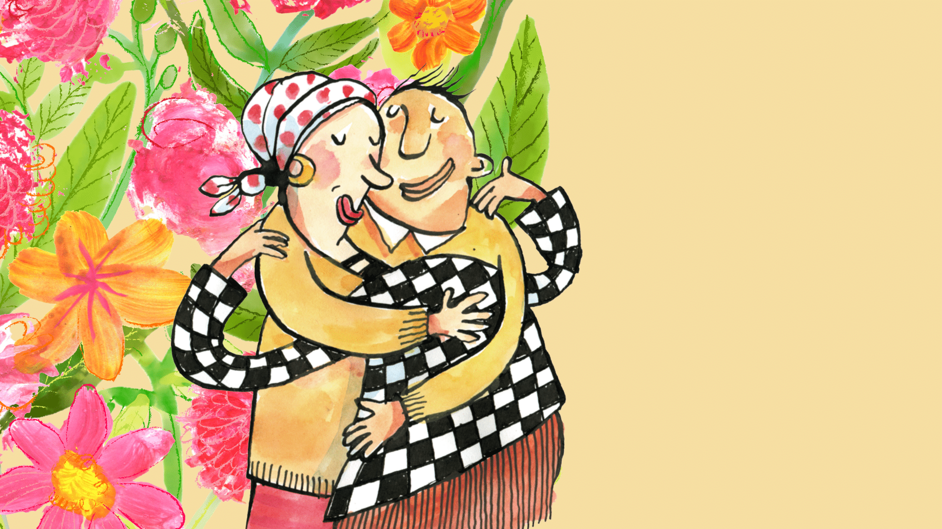 Piirroskuvassa taustalla värikkäitä kukkia ja vihreitä lehtiä ja edessä värikkäisiin vaatteisiin pukeutuneet ihmishahmot, jotka syleilevät toisiaan. Toisen päässä on huivi peittämässä kaljua päätä.