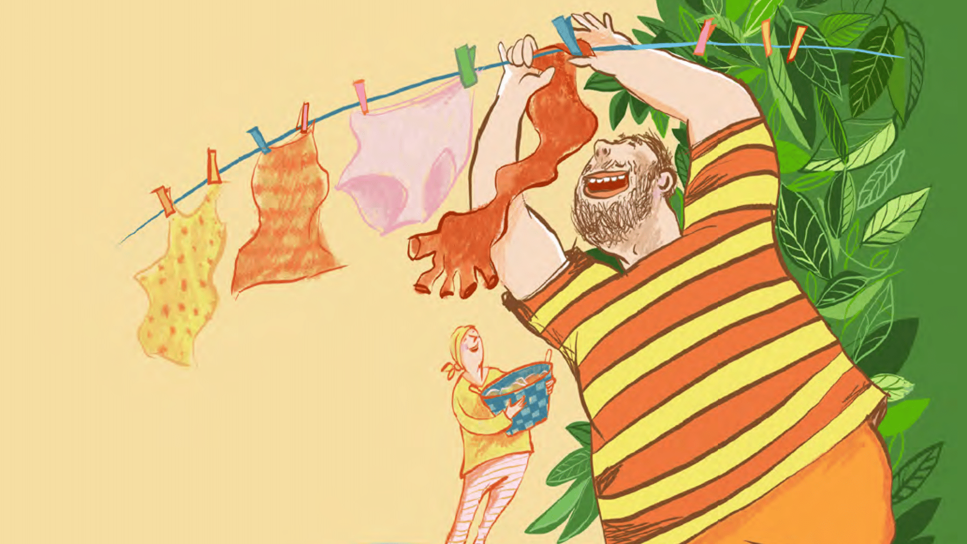 Piirroskuvassa etualalla mieshahmo, joka laittaa ulkona pyykkinarulle puolisonsa vaatteita, mukaan lukien rintaliivejä ja lymfahihan. Taustalla puoliso kantaa pyykkikoria.