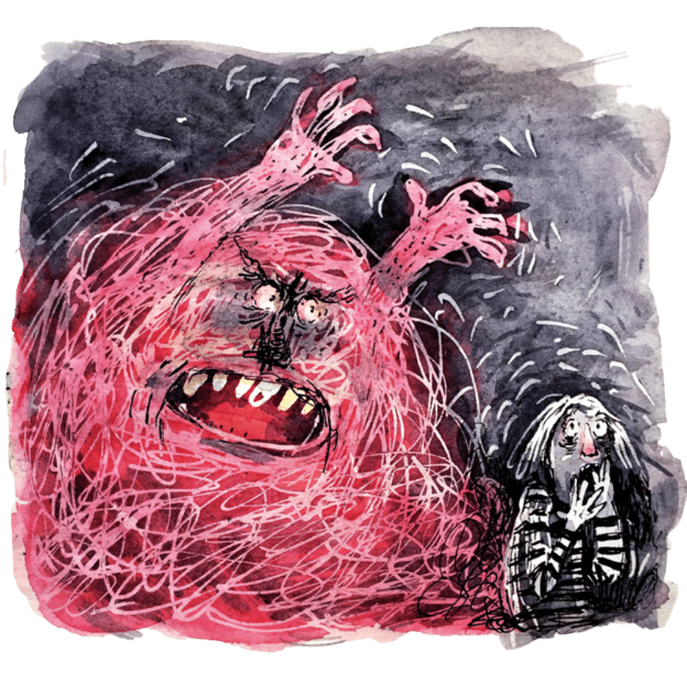 Piirroskuvassa tummalla taustalla iso punainen syheröisestä kynänjäljestä muodostuva hahmo, joka havainnollistaa rintasyöpää, joka on nostanut kätensä alanurkassa olevan pelokkaan naishahmon ylle.