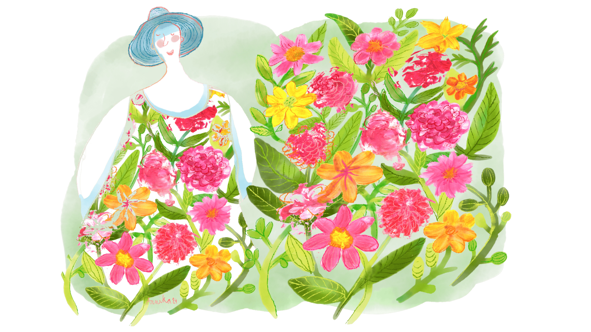 Piirroskuvassa on naishahmo lierihattu päässään ja päällään kukkakuvioinen mekko. Samat kukat jatkuvat hahmon vierellä isona pensaana.