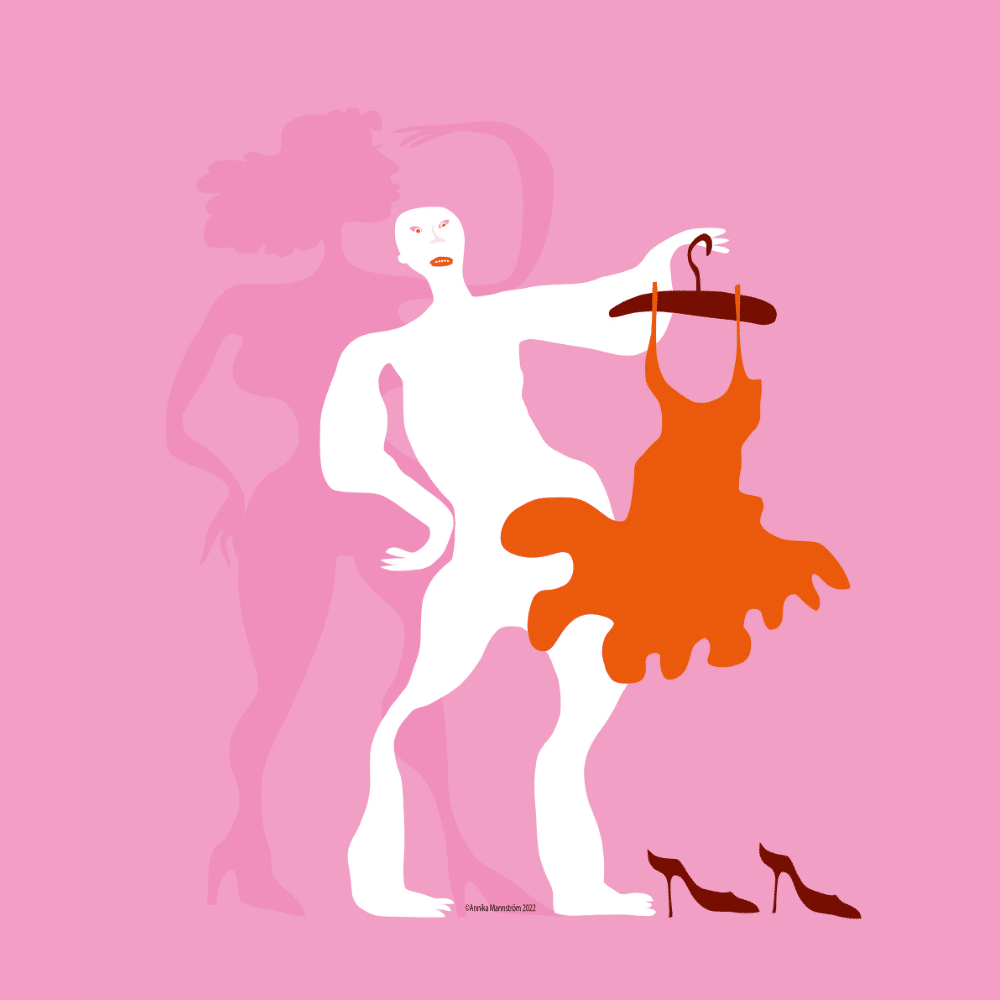 Piirroskuvassa kalju naishahmo pitelee kädessään kaunista punaista pikkumekkoa. Hahmon taustalle piirtyy varjo, jolla on hiukset ja kehokin näyttää erilaiselle syövän aiheuttamiin muutoksiin verrattuna.