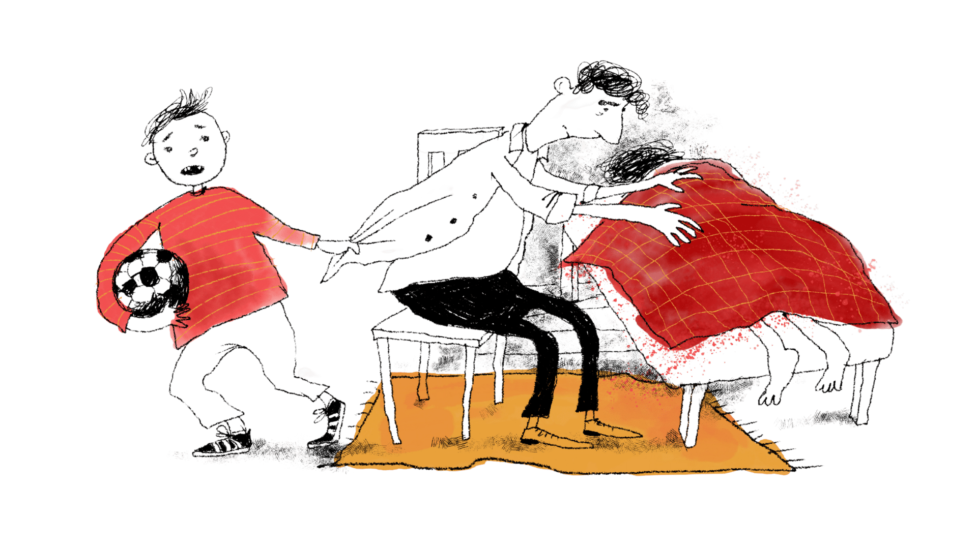 Kuvituskuvassa sängyssä peiton alla makaava rintasyöpää sairastava vanhempi, jota yrittää lohduttaa puoliso, jota lapsi jalkapallon kainalossaan vetää luokseen.