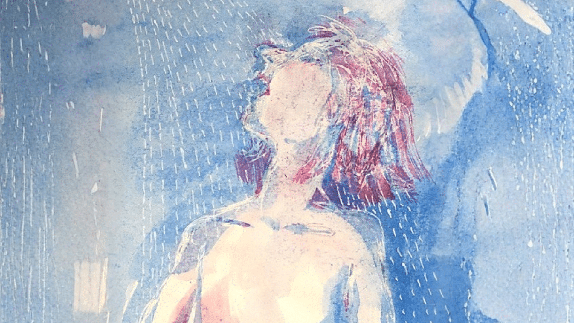 Piirroskuvassa näkyynaishahmon pää ja hieman ylävartaloa, kun tämä on suihkussa ja nojaa päätään taaksepäin.