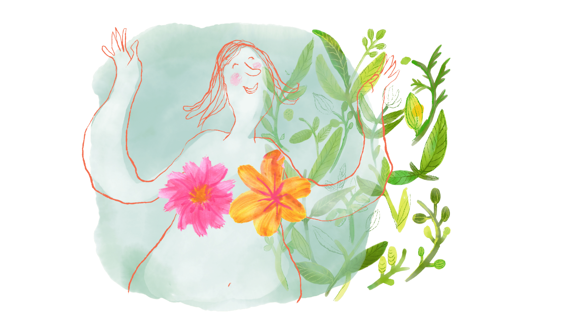 Vesivärein maalatussa kuvassa naishahmo, jonka rintojen tilalla on värikkäät kukat ja ympärillä vihreitä lehtiä ja köynnöksiä.
