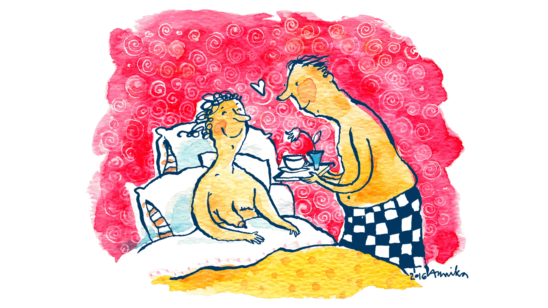 Piiroskuvassa sängyssä peiton alla istuu naishahmo, jolta toinen rinta on poistettu. Puoliso tarjoilee tälle aamukahvia sänkyyn kukkasen kera.
