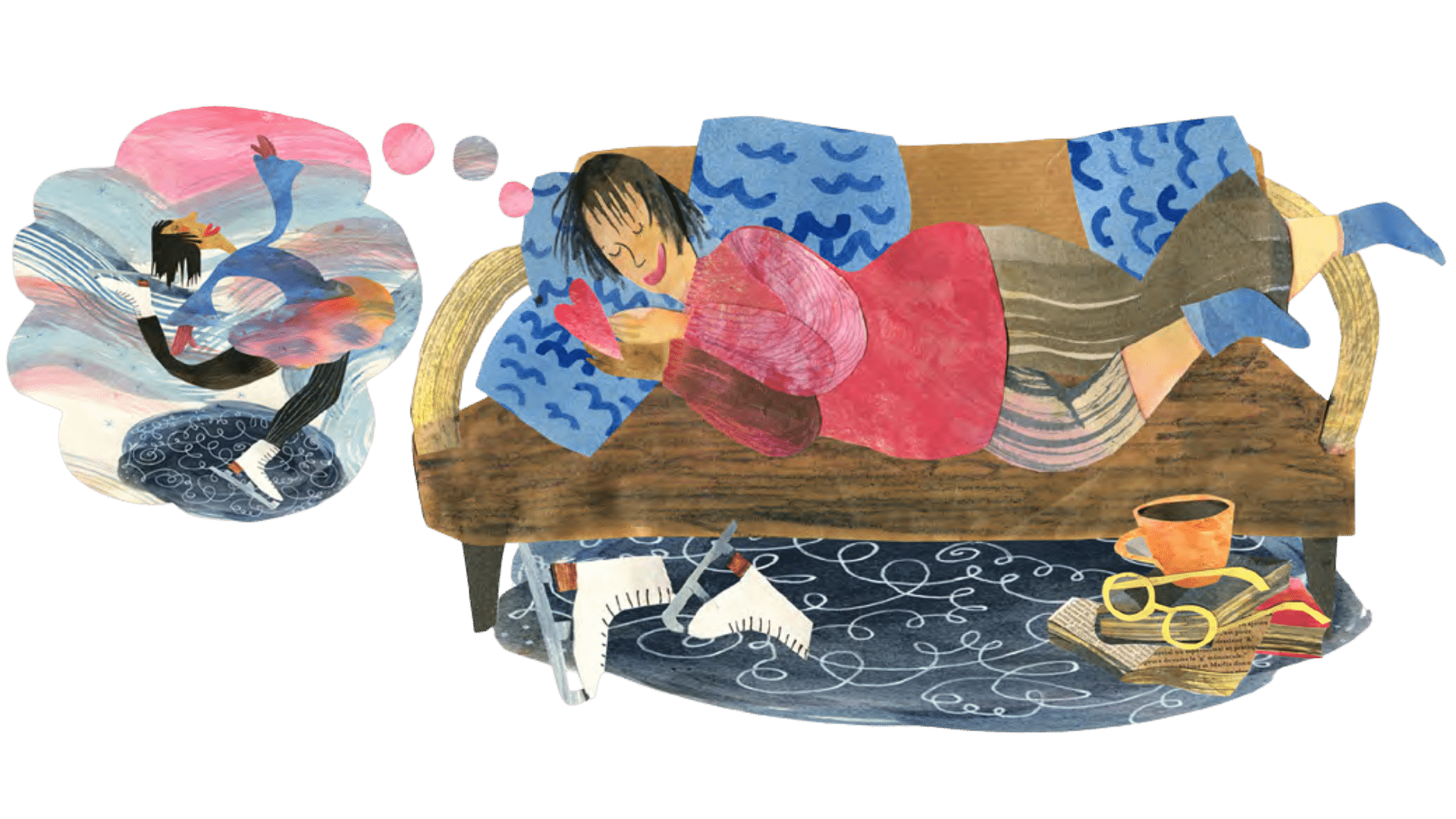 Vesivärein maalattu kuvituskuva, jossa naishahmo makoilee päiväunilla sohvalla, ja uneksii siitä, että olisi taitoluistelemassa.