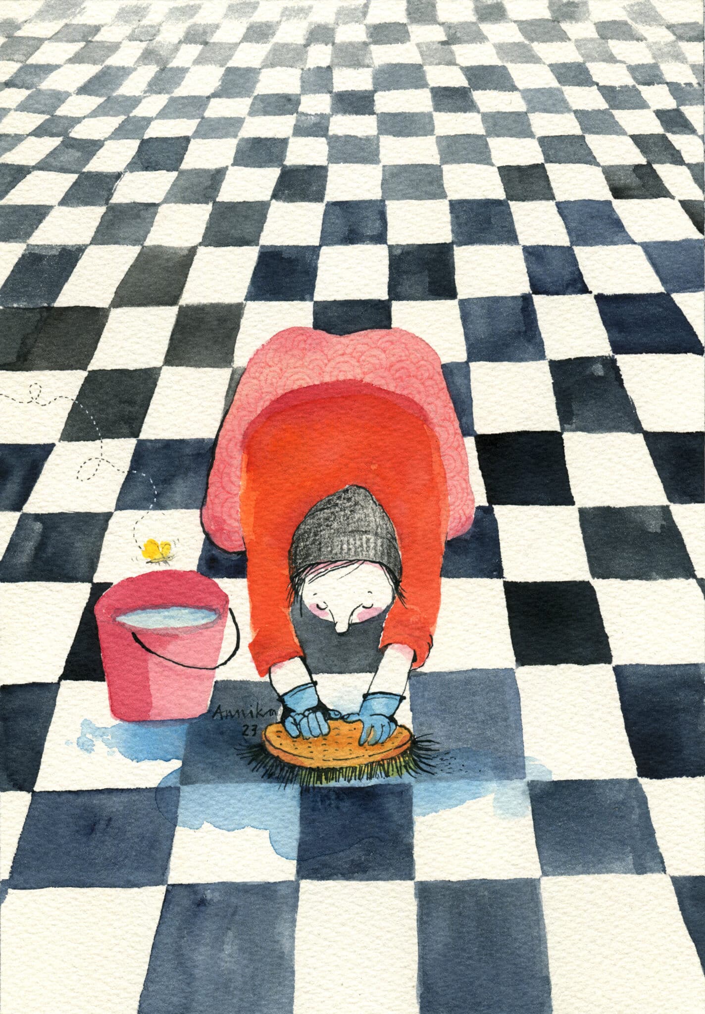 Piirroskuvassa iso, loputtomiin jatkuva mustavalkoinen ruutulattia, jota punaisiin vaatteisiin pukeutunut naishahmo pesee.