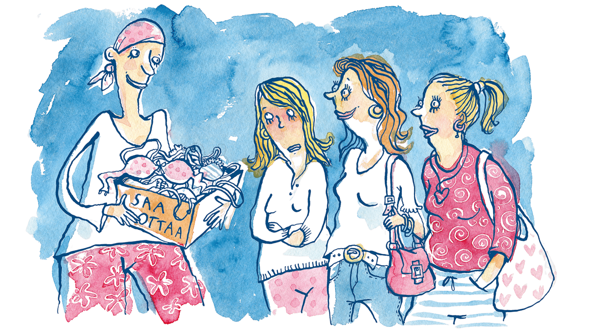 Vesivärein maalatussa piirroskuvassa äiti, joka tarjoaa laatikollista tarpeettomaksi jääneitä rintaliivejä, ja teinit katsovat kiusaantuneena.