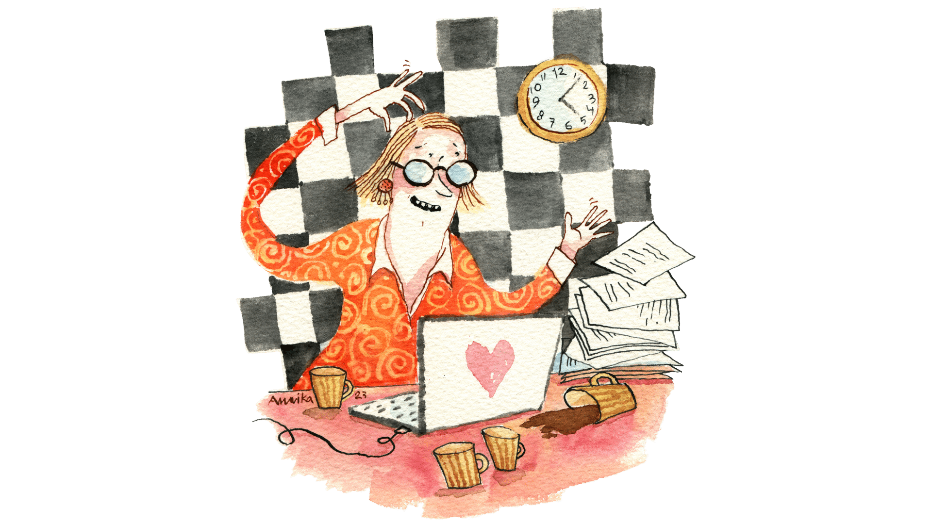 Piirroskuvassa tietokoneen edessä innokkaana oleva naishahmo, jonka työpöydällä on sekainen pino papereita.