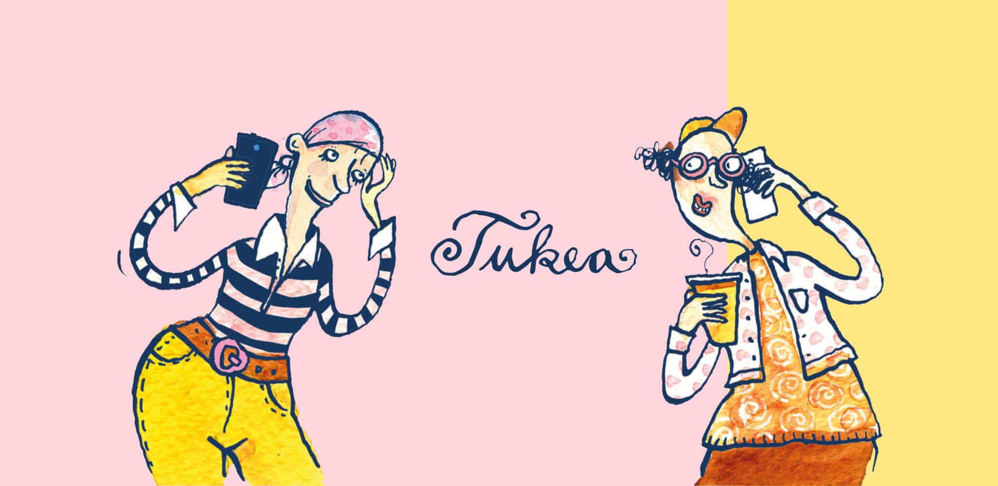 Kuvituskuva, jossa vaaleanpunaisella ja keltaisella taustalla kaksi piirrettyä naishahmoa, jotka puhuvat kännykkään. Keskellä koristeellinen teksti, jossa lukee "tukea".