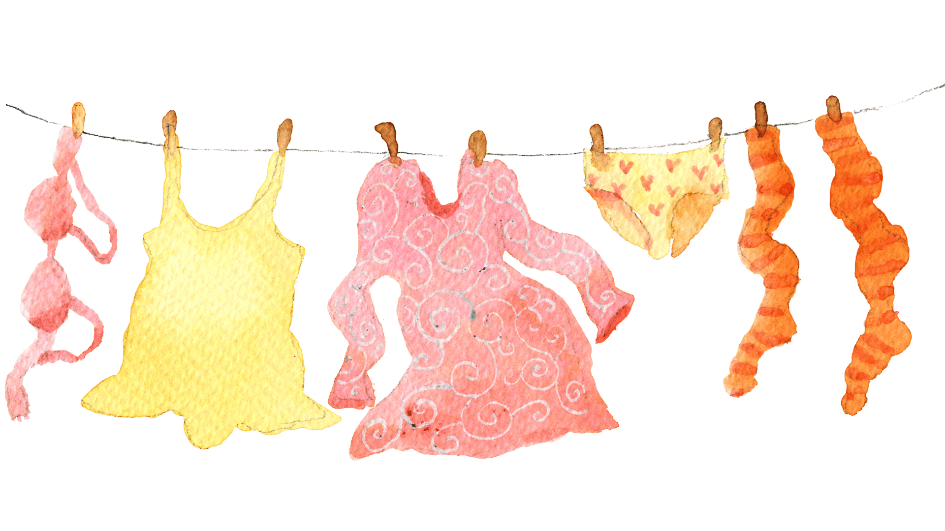 Piirroskuvassa pyykkinarulla roikkuvia vaatteita: mekkoja, rintaliivejä, alusvaatteita ja sukkia.