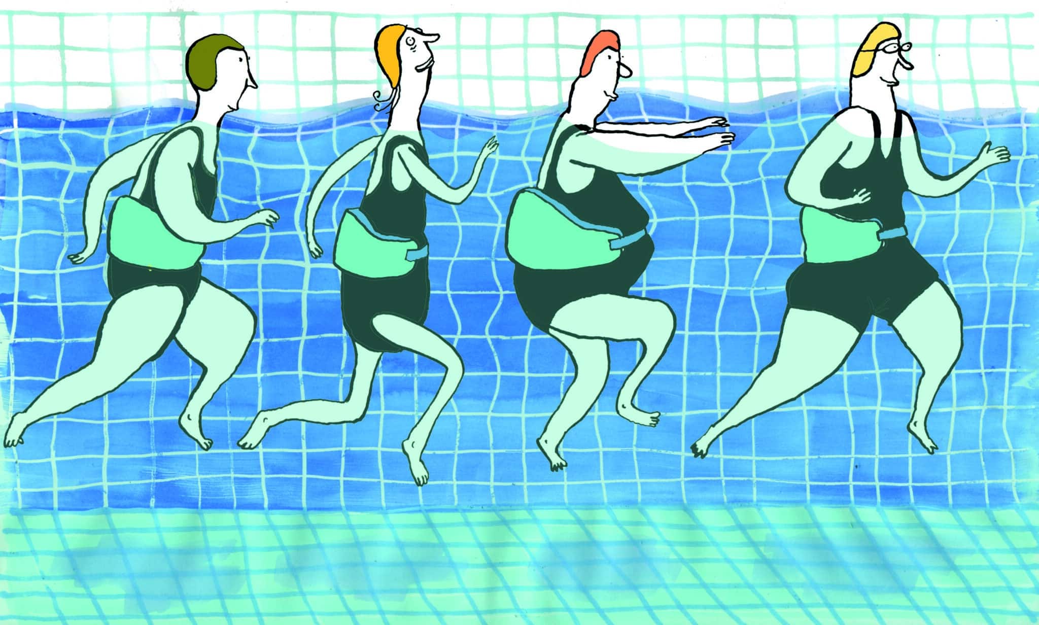 Piirroskuvassa neljä rintasyöpää sairastavaa, vesijuoksevaa naishahmoa uima-altaassa.