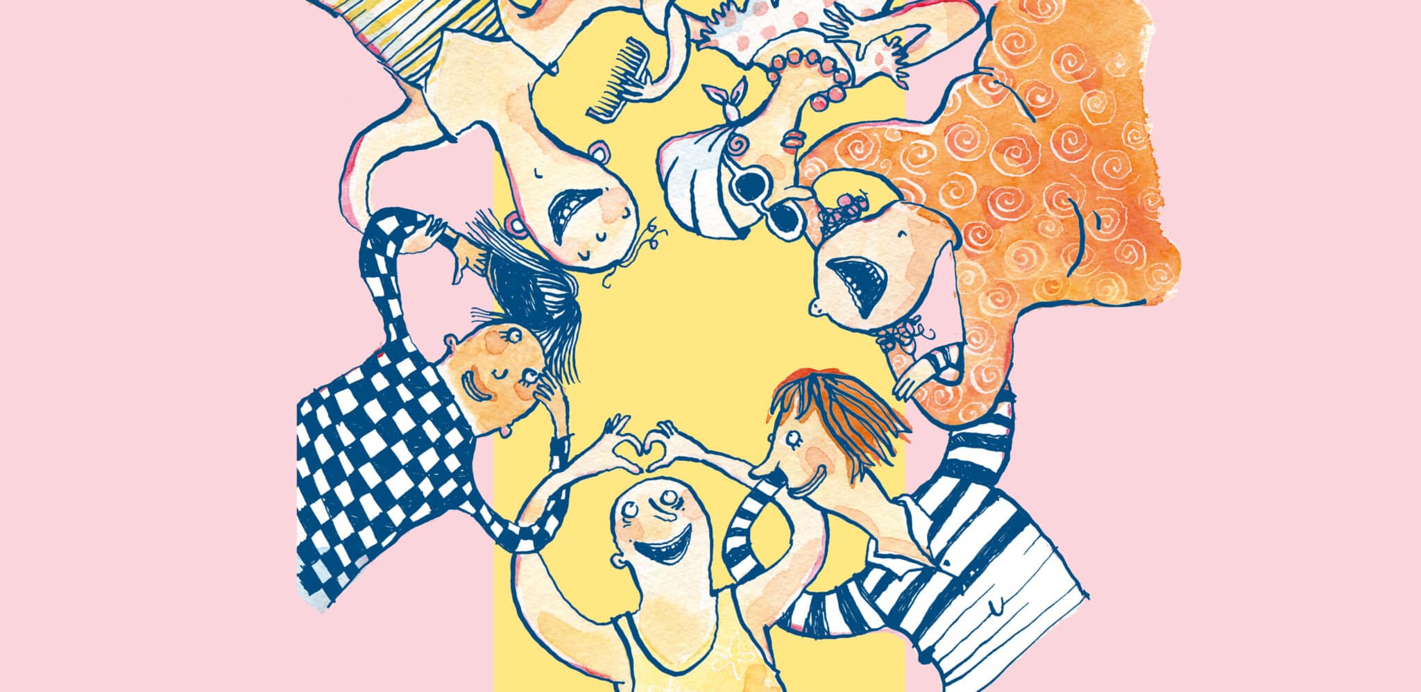 Kuvituskuva, jossa joukko piirrettyjä naishahmoja muodostaa ringin, jossa käsivarret muodostavat ketjun. Hahmot ovat kaikki eri näköisiä ja kokoisia, iloisesti pukeutuneita, ja osalla on hiukset, osalla huivi ja osalla kalju pää.