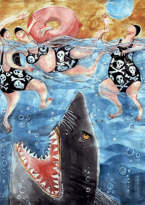 Piirroskuvassa kolme iloista naishahmoa uimassa ja leikkimässä uimarenkailla ja rantapalloilla, mutta alla vaanii iso hai.