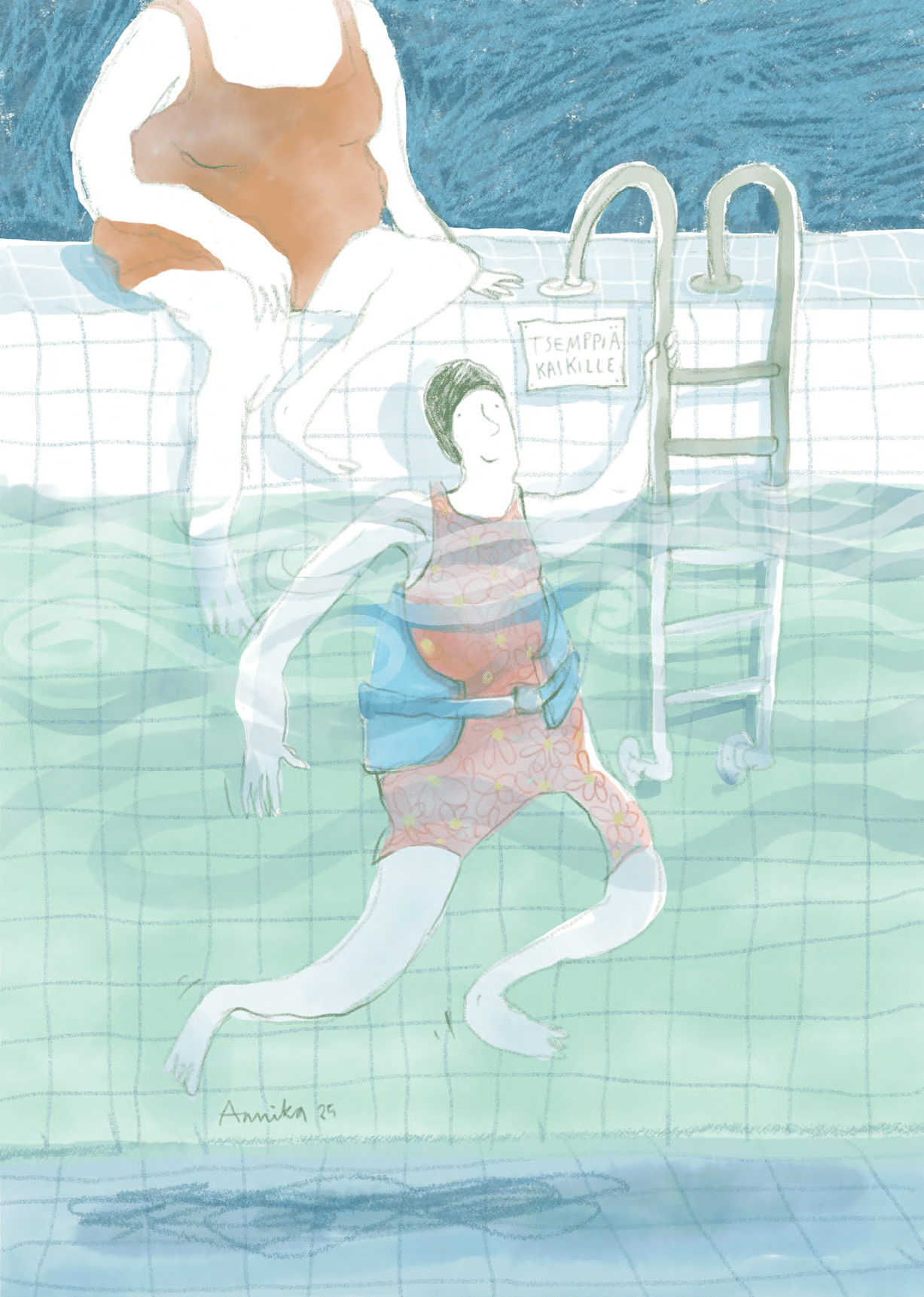 Piirroskuvassa uimahallissa vesijuokseva, kättään heiluttava naishahmo. Reunalla istuu toinen punaiseen uimapukuun pukeutunut naishahmo.