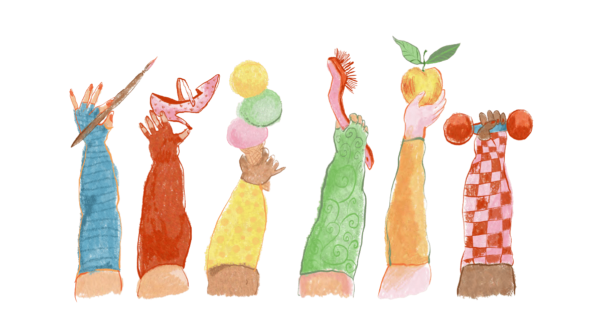 Piirroskuvassa kuusi käsivartta, joissa kaikissa värikkäät lymfaturvotuksen hoitoon tarkoitetut tukihihat. Kaikki kädet pitävät eri esinettä: kynää, korkokenkää, jäätelöä, tiskiharjaa, hedelmää ja punttia.