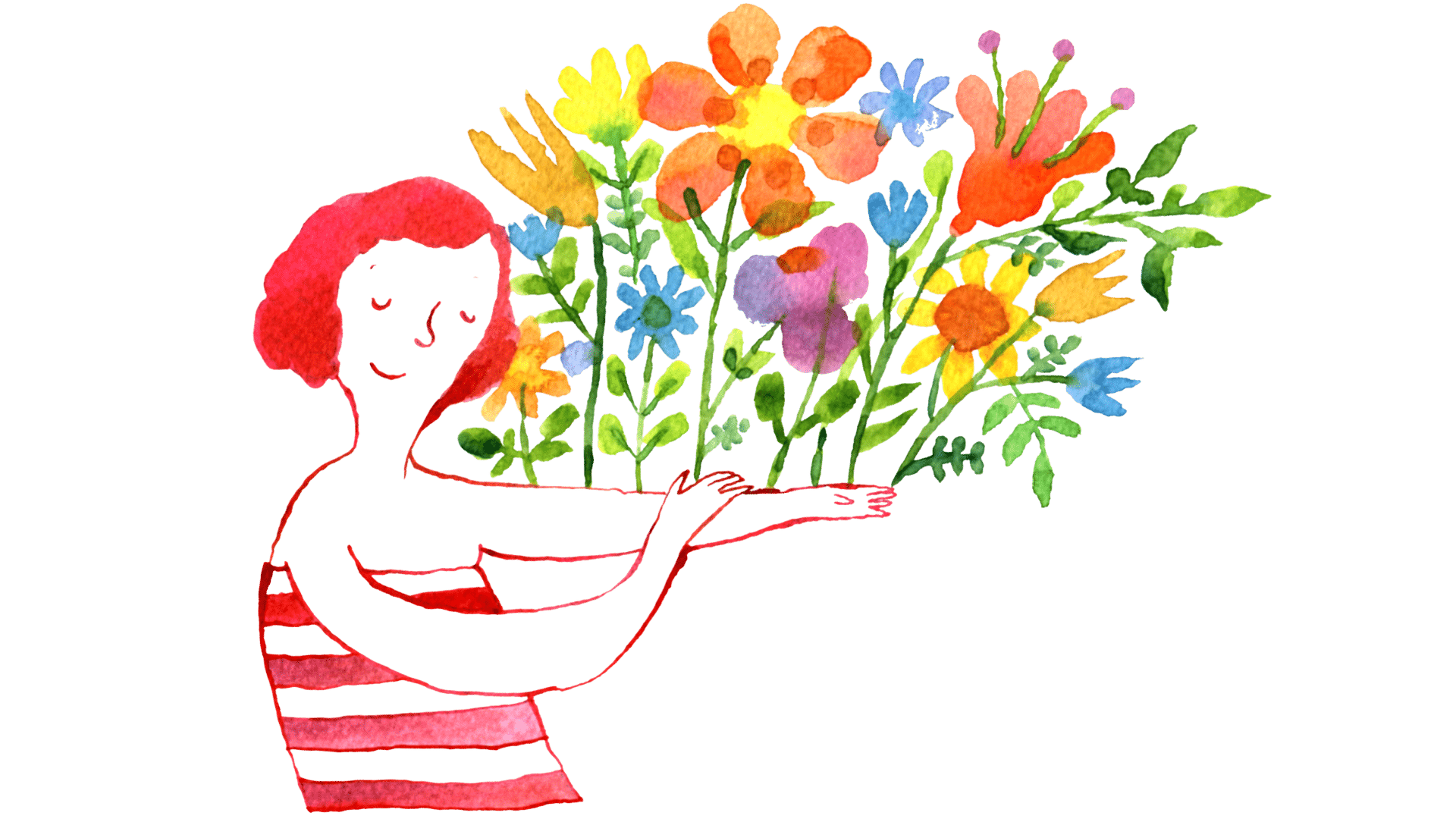 Piirroskuvassa naishahmo hoitaa hellästi ojennetun käsivarren ihoa. Käsivarresta kasvaa kauniita, hyvinvoivia kukkia.