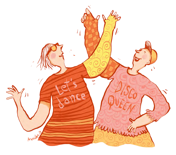 Kaksi piirrettyä naishahmoa, jotka ovat kohottaneen lymfedeeman itsehoitoon käytettävän kompressiohihan ylös tanssien. Toisen paidassa lukee "Let's dance" ja toisen paidassa "disco queen".