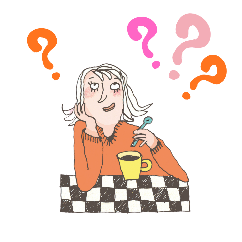 Piirretty naishahmo nojaa kyynärpäällä pöytään ja leukaa käteensä samalla, kun sekoittelee kahvia kupissa ja pään yllä leijuu kysymysmerkkejä.