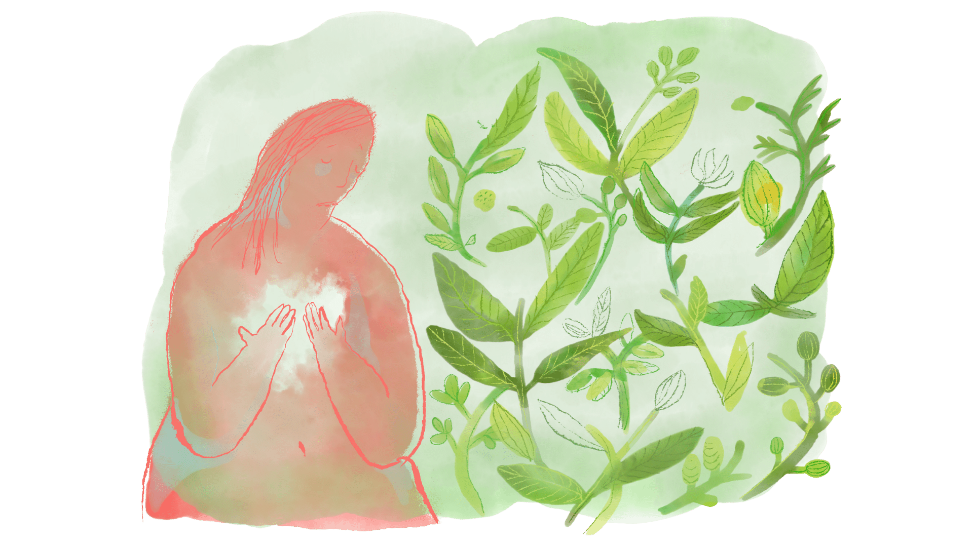 Piirroskuvassa vesivärein maalattuja vihreitä lehtiä ja korallinpunaisella maalattu ihmishahmo, joka pitää käsiä rintakehänsä päällä, jossa näkyy vaalea sydämenmuotoinen läikkä.