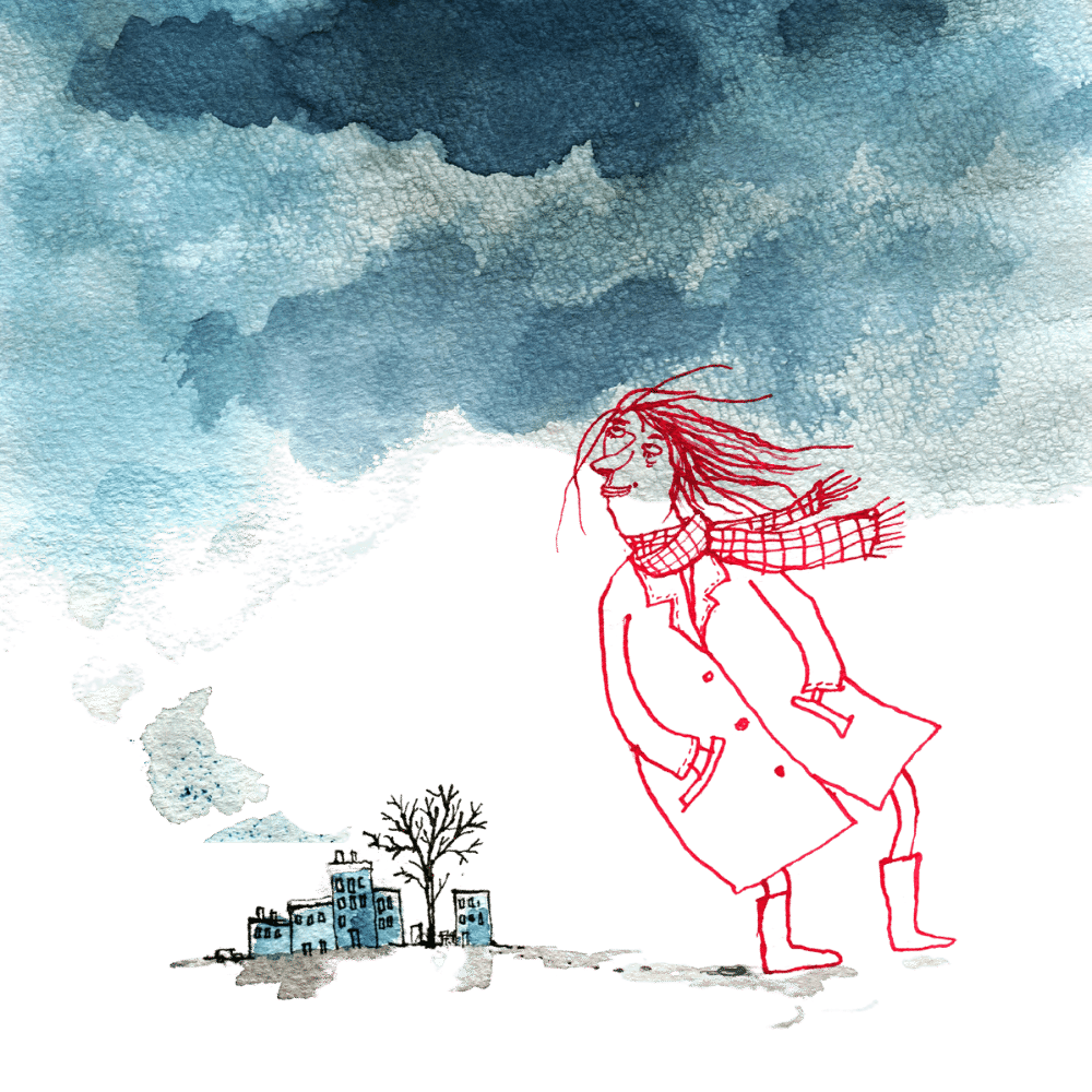 Vesivärein maalattuja tummia pilviä, taustalla kaupunki rakennuksineen ja etualalla ihmishahmo joka kävelee kädet taskussa ja katselee kaupunkia kohti.