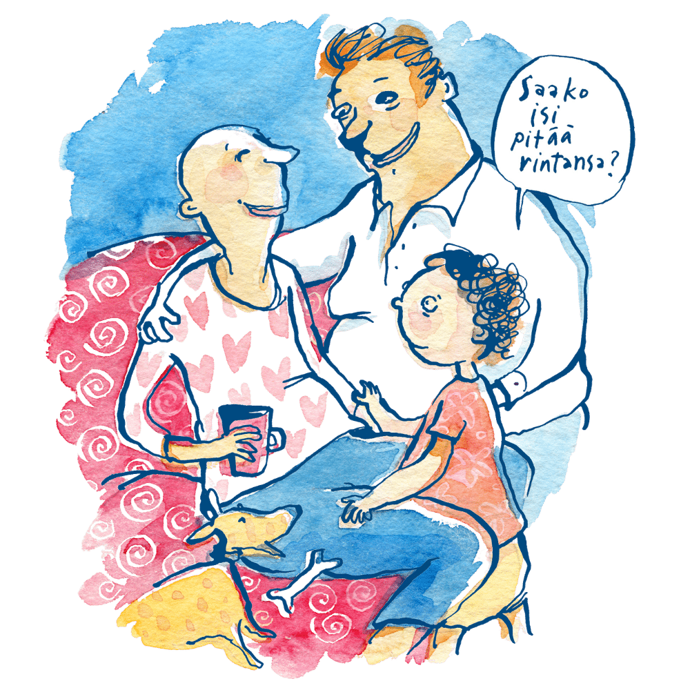 Kolme piirroshahmoa: kaljupäinen nainen, tämän puoliso ja lapsi, joka kysyy "Saako isi pitää rintansa?"