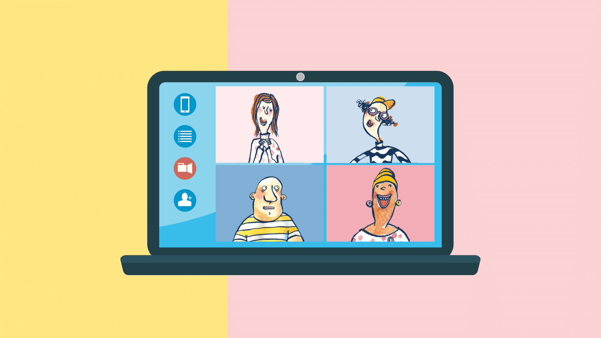 Kuvituskuvassa kannettava tietokone, jossa näkyvillä webinaari, jossa neljä piirrettyä ihmishahmoa kukin pienissä kuvaruuduissaan kuuntelemassa luentoa.