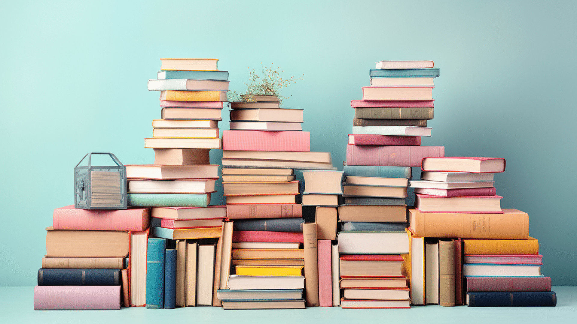 Turkoosia seinää vasten korkea ja leveä, eri kokoisten ja väristen kirjojen pino.