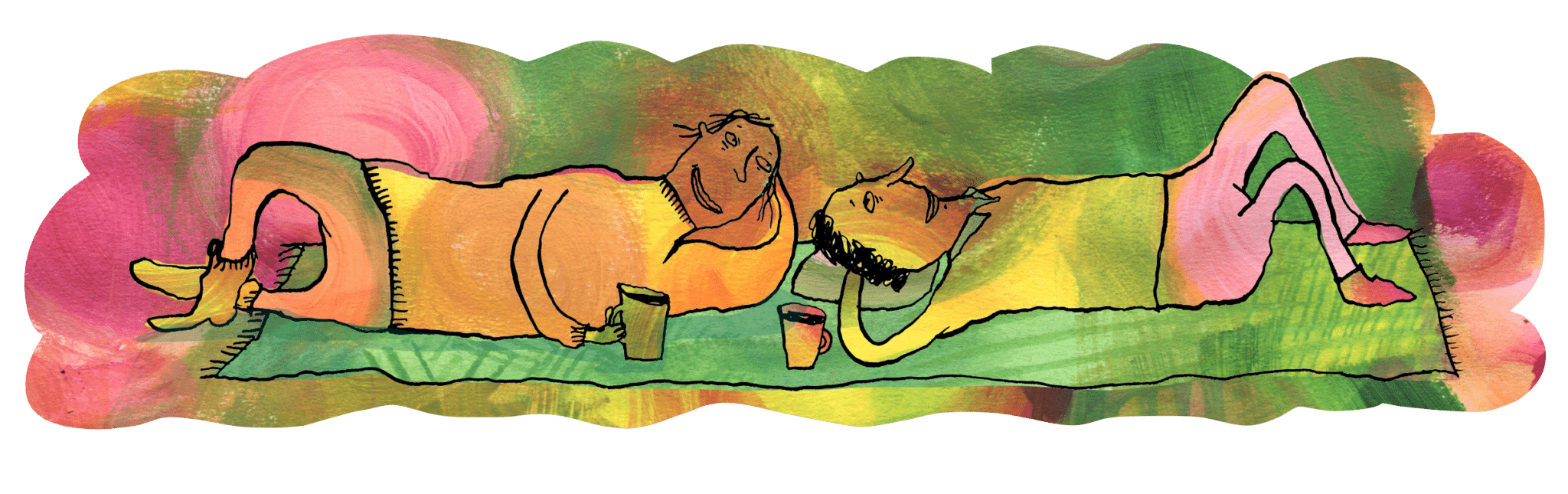 Vesivärein maalatussa piirroskuvassa kaksi vertaista köllöttävät sohvalla juomassa teetä.