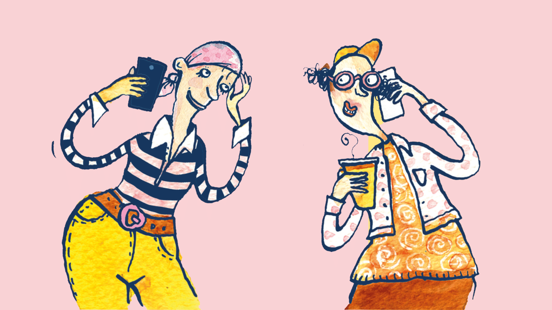 Kuvituskuva, jossa vaaleanpunaisella ja keltaisella taustalla kaksi piirrettyä naishahmoa, jotka puhuvat kännykkään.